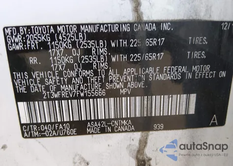 2015 Toyota Rav4 Xle z USA, uszkodzony, nr VIN 2T3WFREV7FW155666